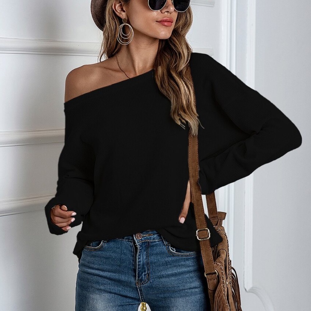 Cream Off Shoulder Knit Oversized Top Casual - Picture 3 of 7